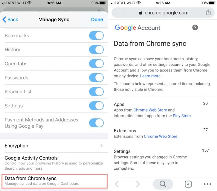 Sync Chrome data button on iPhone