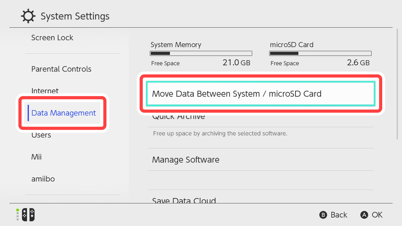 Choose Move Data Between System/microSD Card.