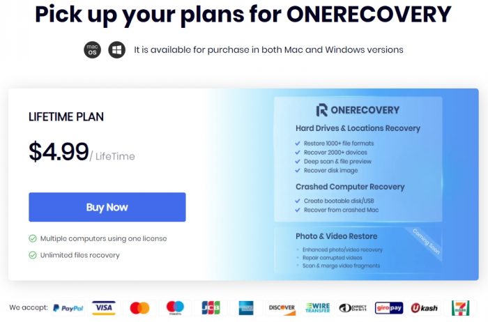 onerecovery subscription plan $4.99 for lifetime plan